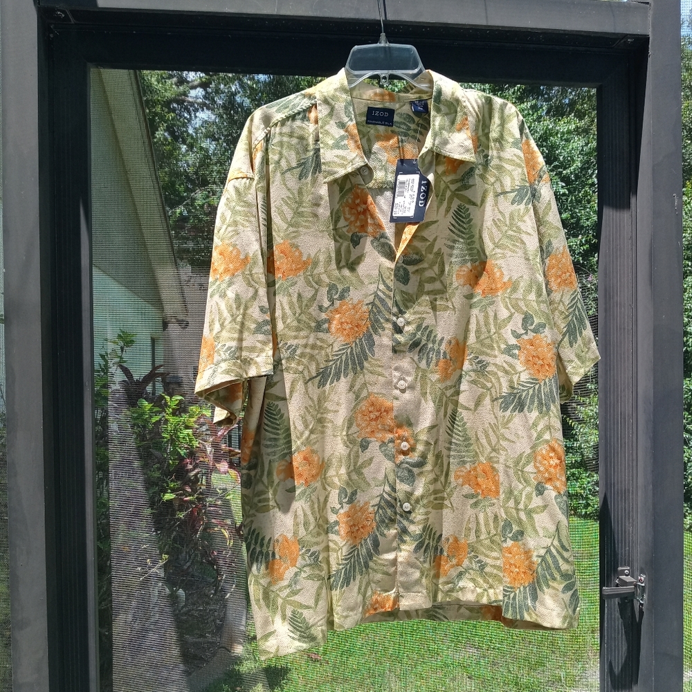 NWT IZOD Washable silk yellow gold green floral shirt Size XX LG